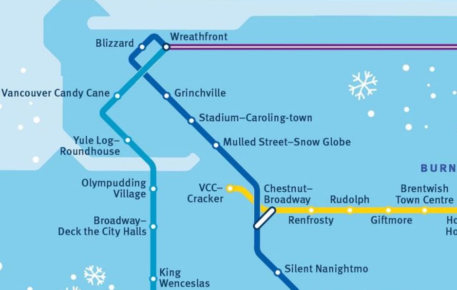 TransLink推出温哥华地区的新圣诞主题SkyTrain地图